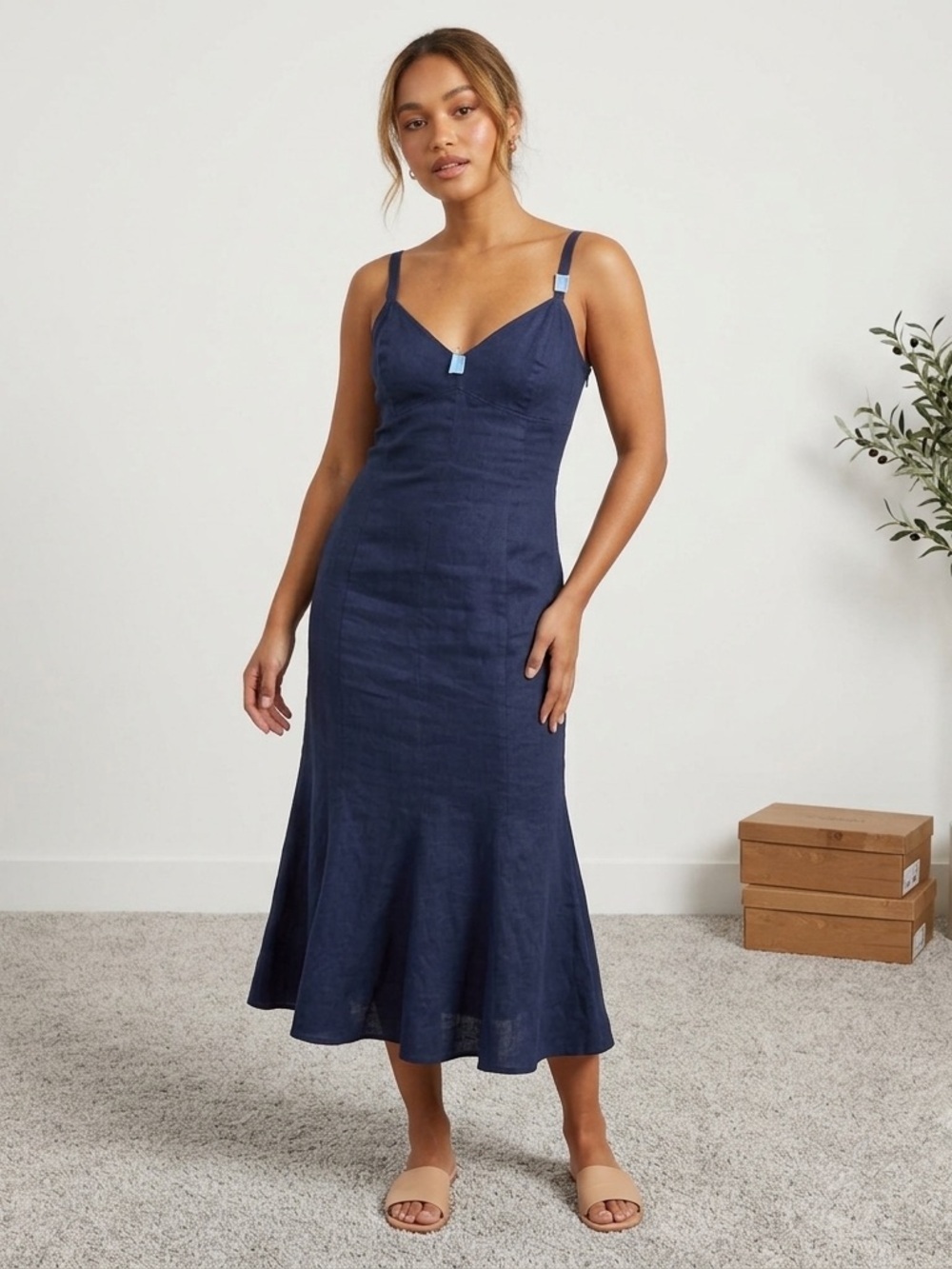 Ralph Lauren Navy Blue Sleeveless100% Linen Flare Hem Midi Dress Women’s US 10